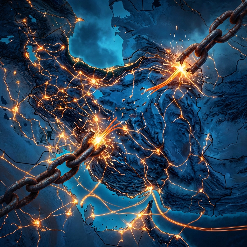 A dramatic conceptual illustration of a digital blackout over a map of Iran. Glowing data lines are being severed by heavy iron chains. Dark, moody atmosphere with a high contrast between orange light and deep blue shadows. High detail, cinematic lighting. 1:1