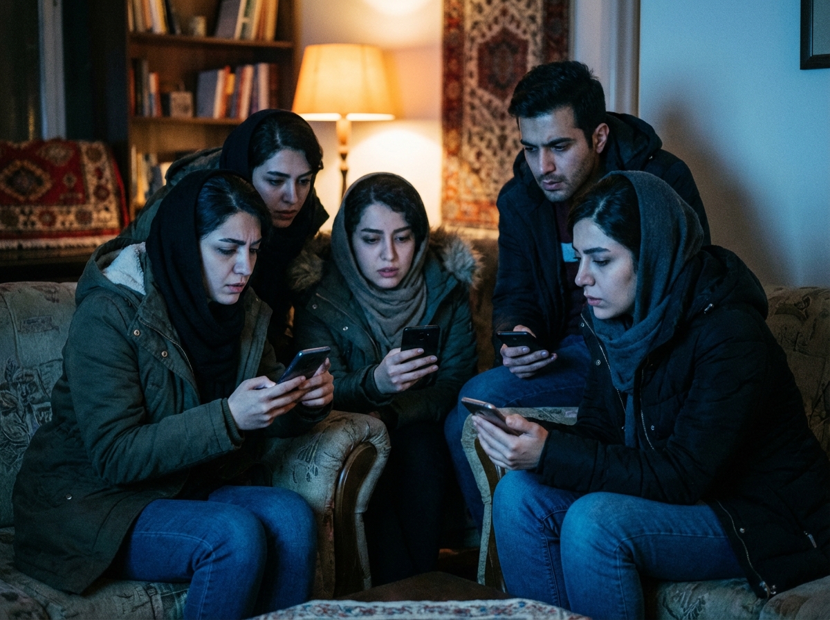 Lifestyle photography of a group of young people in a dimly lit indoor setting in Tehran, their faces illuminated only by the blue light of a few smartphones. They look anxious and determined. Warm ambient lighting in the background, realistic style, cinematic composition. 4:3