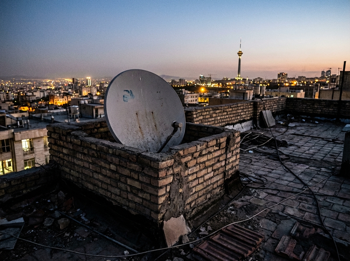 Realistic shot of a satellite internet dish hidden behind a low wall on a dusty city rooftop at dusk. The city lights of Tehran are visible in the far background. Moody, textured background, high detail, high contrast. 4:3