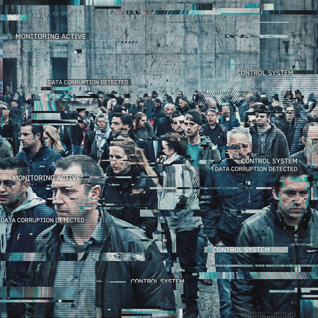 Artistic rendering of a surveillance camera view showing distorted digital artifacts and glitch effects over a crowd of people. Cool blue and grey tones, textured background, high detail, representing digital manipulation and control. 1:1