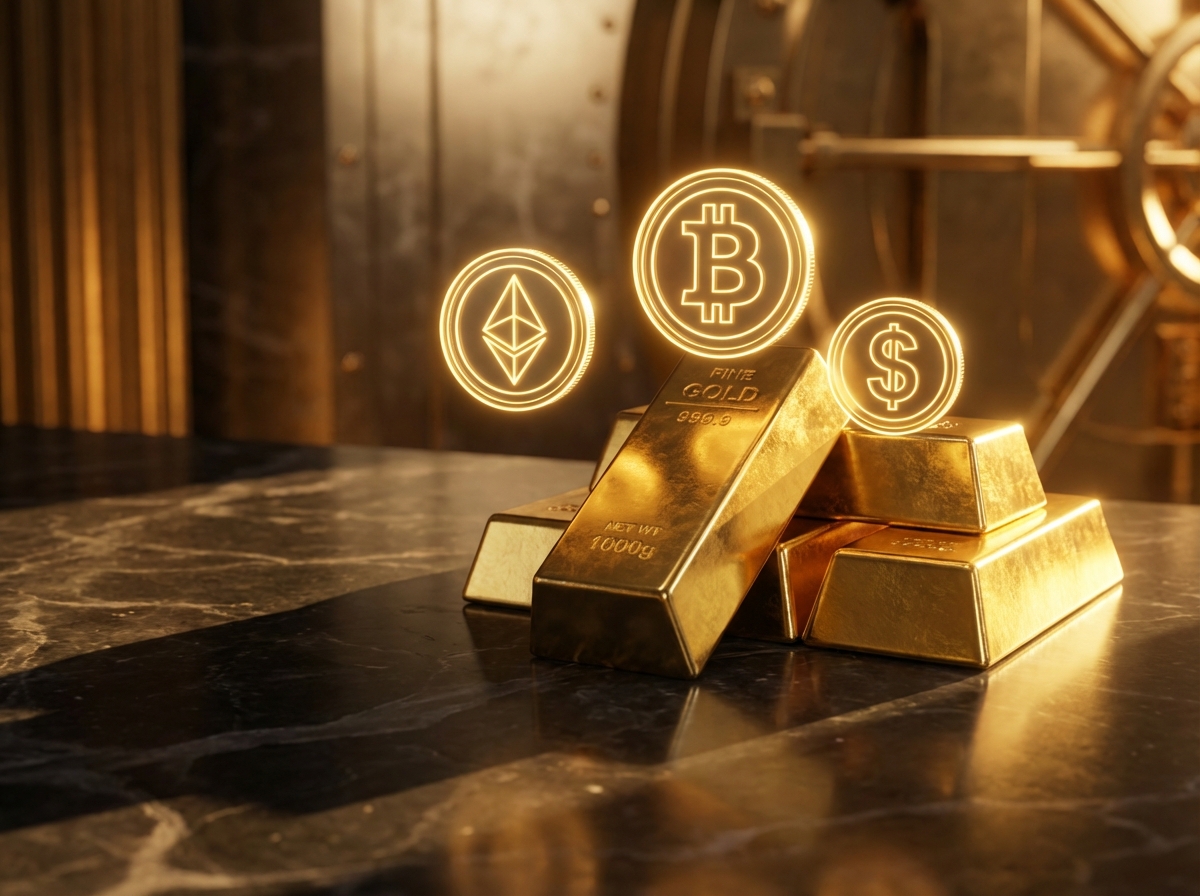 Shiny gold bars stacked next to digital coin icons, high contrast, golden warm lighting, luxury financial concept, realistic texture, 4:3