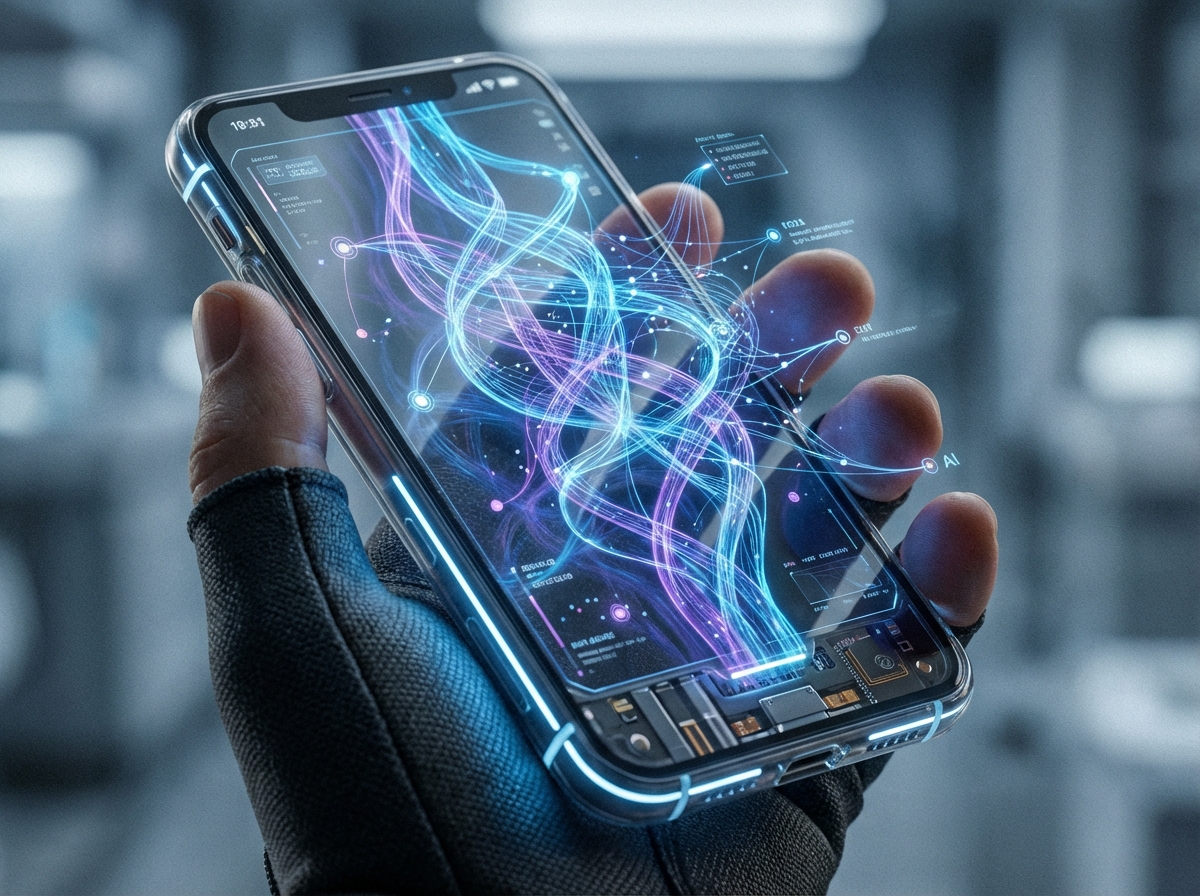 A hand holding a high-tech smartphone displaying a complex AI neural network visualization, glowing blue and purple tones, futuristic interface, close up, 4:3