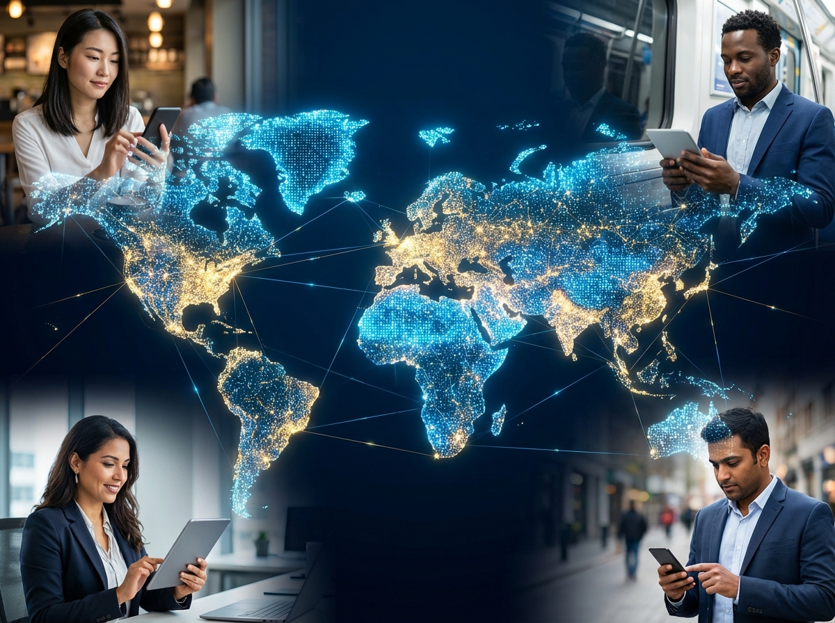 A digital map of the world with glowing light points connected by data lines, people of various ethnicities using mobile devices at the edges, bright and professional, high contrast, 4:3