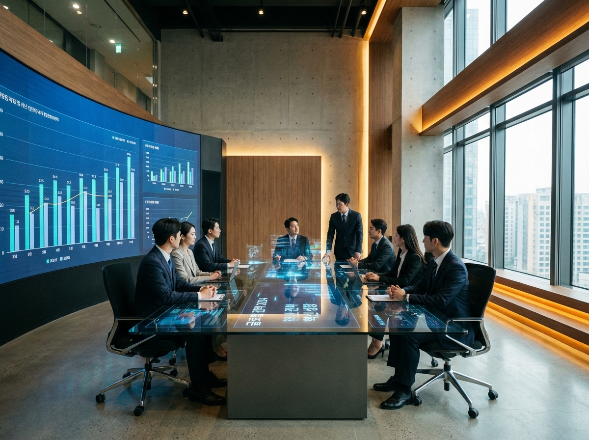 A business meeting in a high-tech conference room with Korean professionals discussing corporate strategy. Clean modern aesthetics, professional lighting, realistic lifestyle photography. 4:3