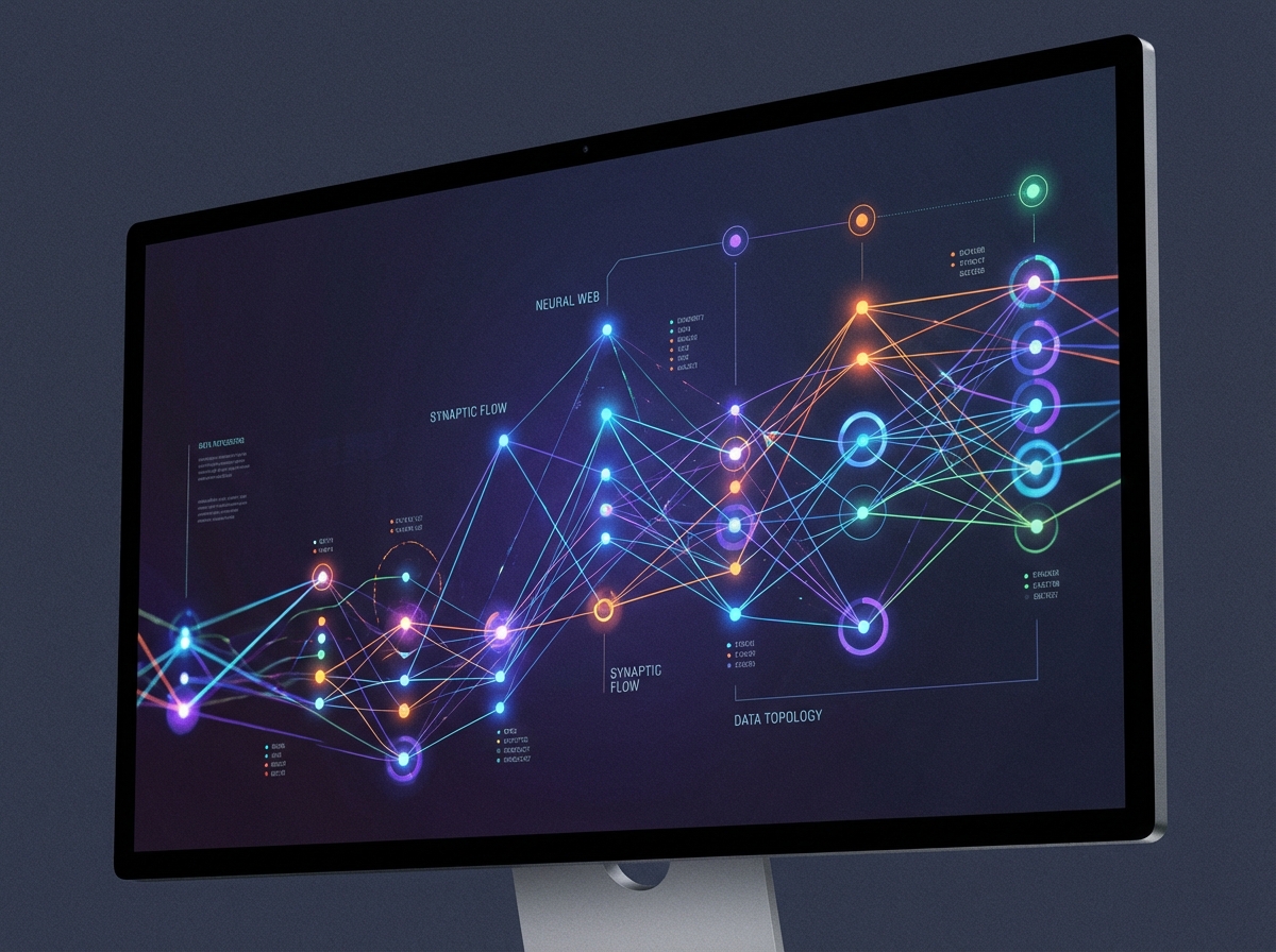 A close up of a modern computer screen displaying abstract data visualizations and AI network patterns. High contrast, clean infographic style, colored background. 4:3