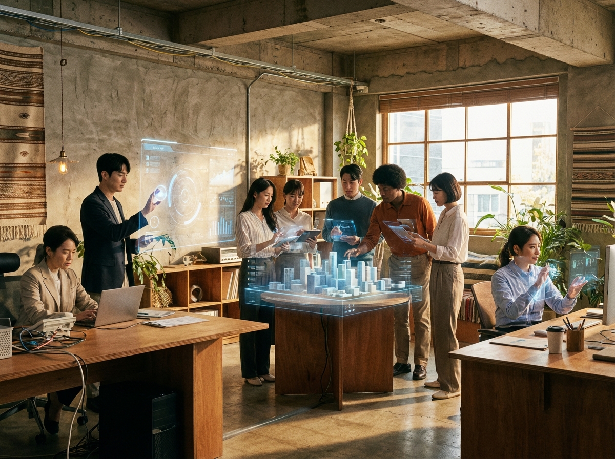 A futuristic yet realistic office where humans and holographic interfaces coexist. People working together in a bright, modern setting. Korean professionals included, warm lighting, textured background. 4:3