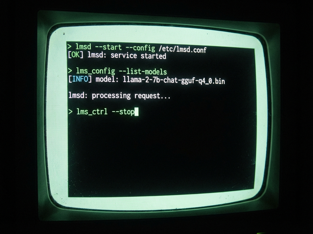 Close-up of a computer screen displaying a black terminal window with green and white code text. The text shows lms daemon commands. High contrast, technical aesthetic. 4:3