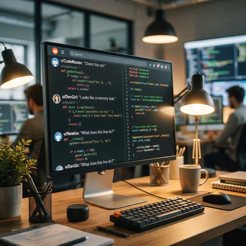Close-up of a sleek computer monitor displaying a scrolling feed of complex code and text messages in a Reddit-style interface, soft ambient desk lighting, realistic office setting, 1:1