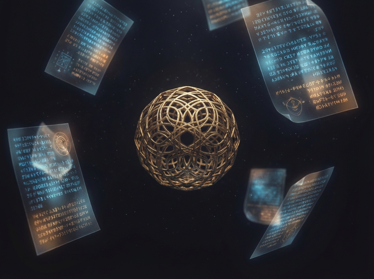An intricate golden geometric symbol floating in a dark space surrounded by floating digital pages with glowing scripts, mysterious and artistic atmosphere, 4:3