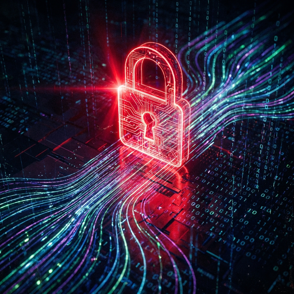 A glowing red digital padlock icon over a background of flowing data streams, high contrast, cyber security theme, dramatic lighting, 1:1