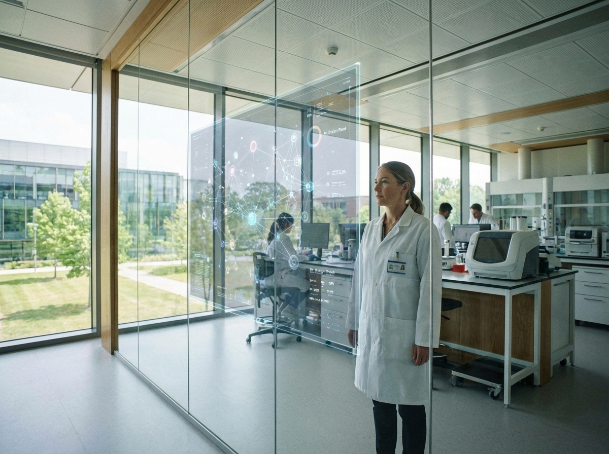 A clean modern laboratory with a scientist looking at a large holographic display showing network nodes, soft natural lighting, realistic and high quality, 4:3