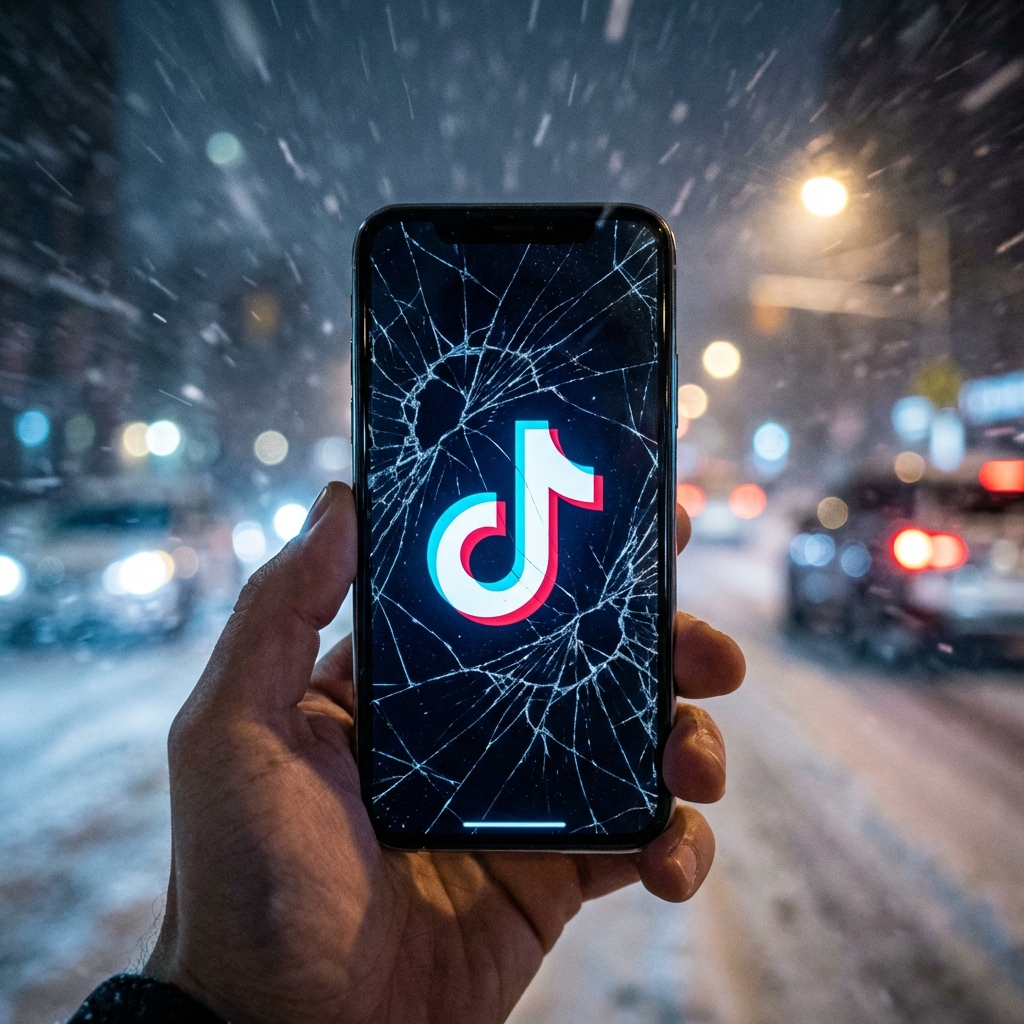 A smartphone displaying the TikTok logo with a cracked screen effect, set against a blurred background of a heavy snowstorm at night, cinematic lighting, high resolution. 1:1