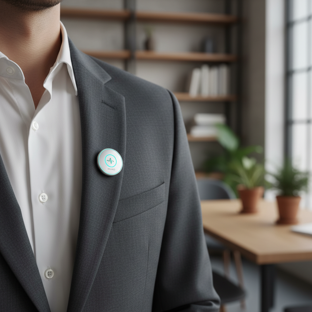 셔츠 깃에 고정된 작은 핀 형태의 녹음 기기