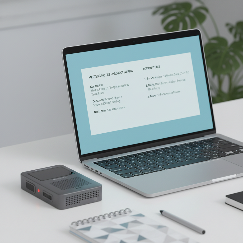 노트북 옆에서 녹음 내용을 요약하고 있는 인공지능 화면