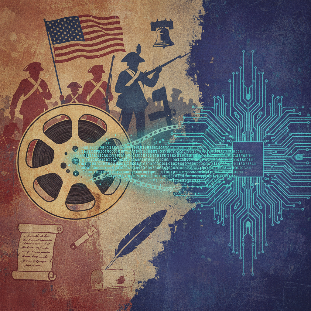 An artistic illustration showing a classic film reel merging with digital binary code, historical revolutionary war elements in the background, contrasting warm and cold colors, textured background, 4:3