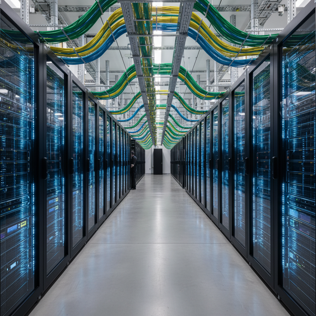 푸른 조명이 흐르는 현대적인 데이터 센터 내부