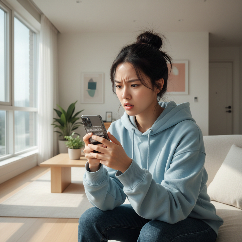 스마트폰을 보며 당황해하는 여성 크리에이터