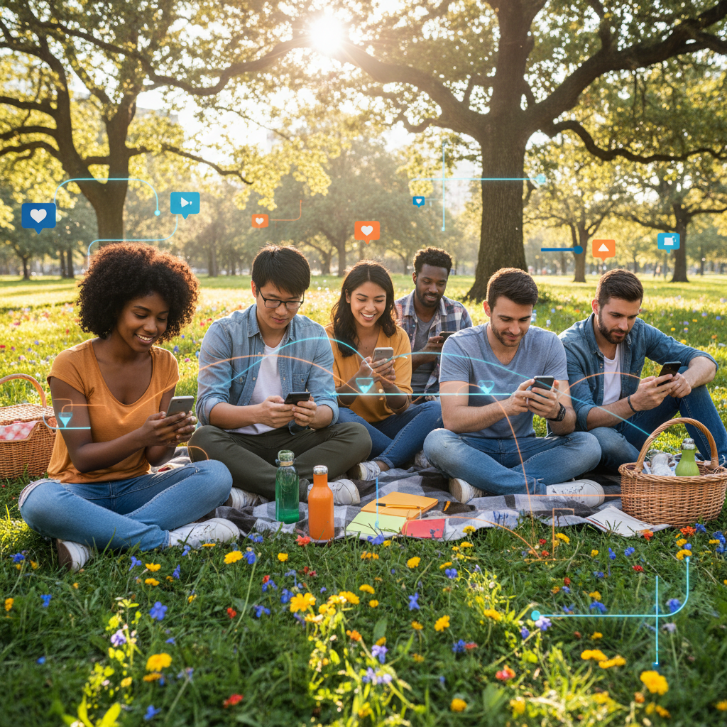 공원에서 다양한 소셜 미디어 앱을 사용하는 사람들