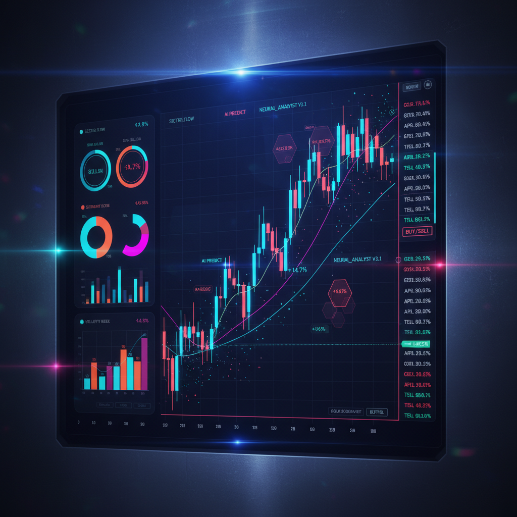 복잡한 주식 차트와 인공지능 분석 그래프