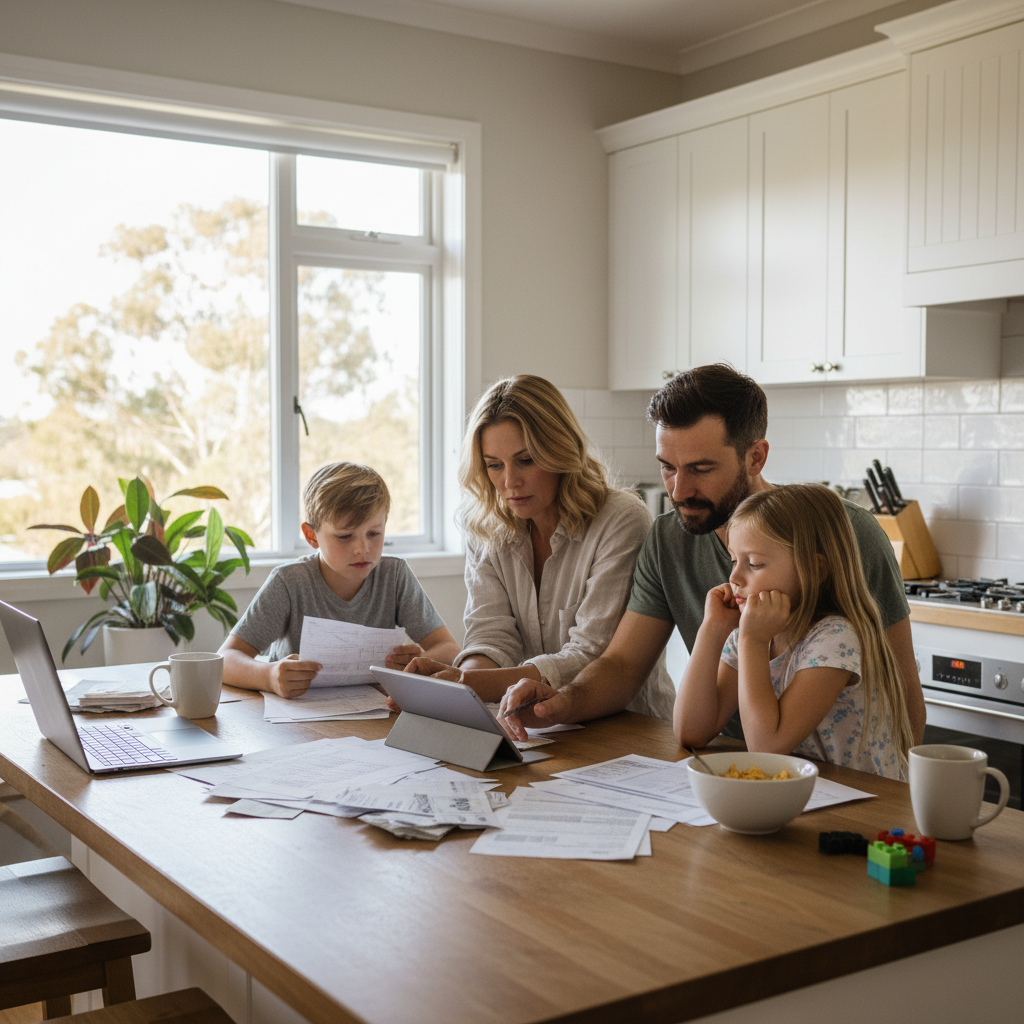 A realistic lifestyle photo of an Australian family sitting at a kitchen table, looking at bills and discussing finances. Natural window lighting. 1:1
