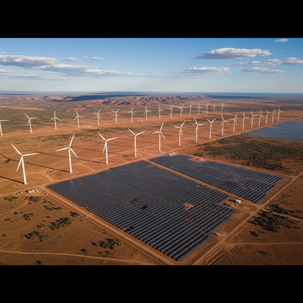 A wide aerial view of a large-scale wind farm and solar panels in the Australian outback. Blue sky, high contrast, cinematic photography. 4:3