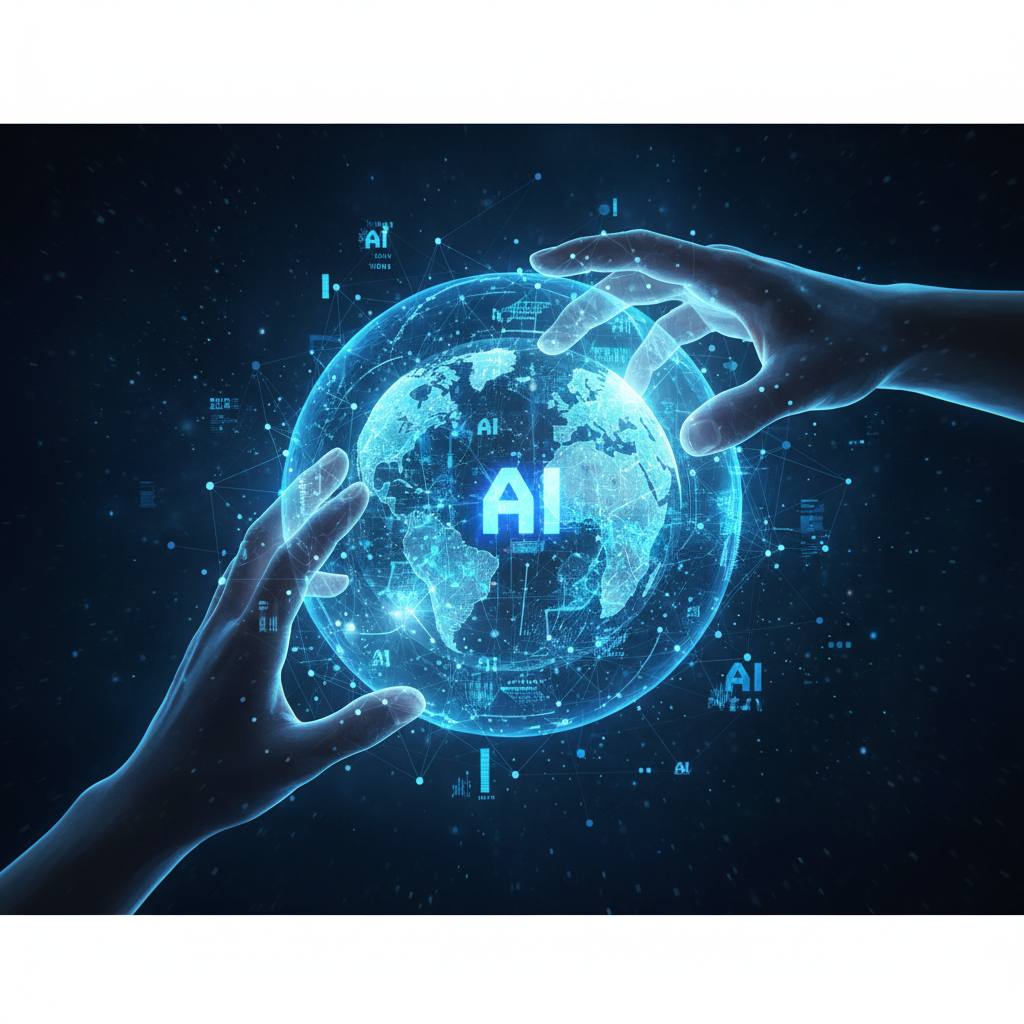 A conceptual illustration of human hands interacting with holographic data representing AI and global networks. Deep blue and cyan lighting. 4:3