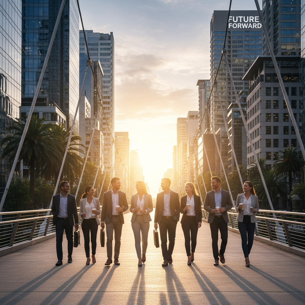 A diverse group of people walking toward a bright horizon in a modern Australian city. Soft sunlight, hopeful and professional atmosphere. 1:1