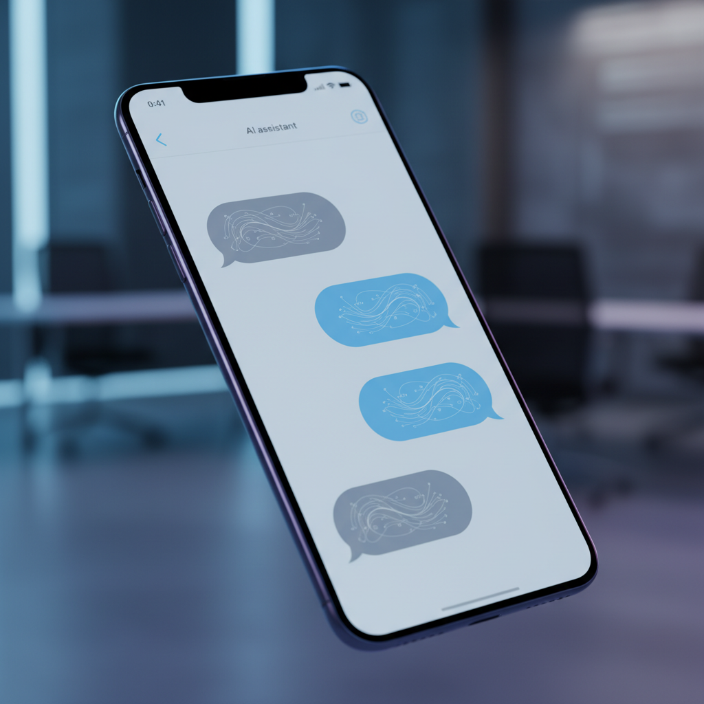 Modern smartphone screen showing a sleek AI assistant interface inside a messaging app with blue bubbles, cinematic lighting, no text on screen, 4:3