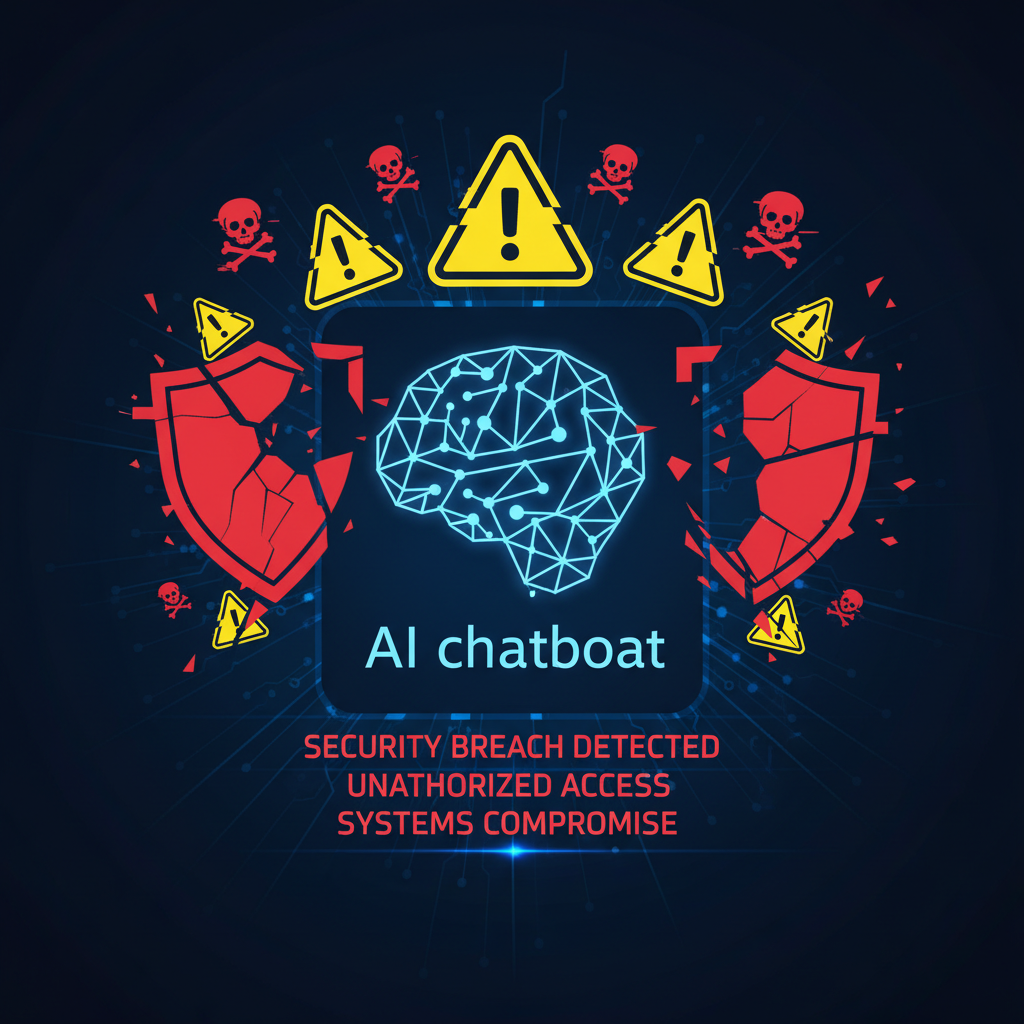 A futuristic digital interface showing a stylized AI chatbot logo with broken safety shields and warning icons on a dark blue background. High contrast, informational infographic style. 1:1
