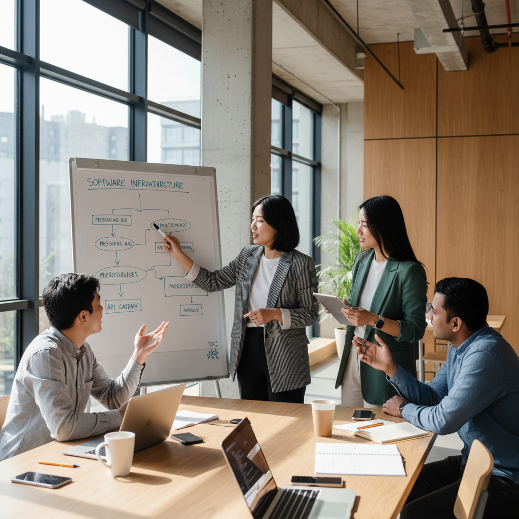 Diverse group of tech founders in a bright office discussing software infrastructure and messaging technology, high quality photography, natural lighting, 4:3