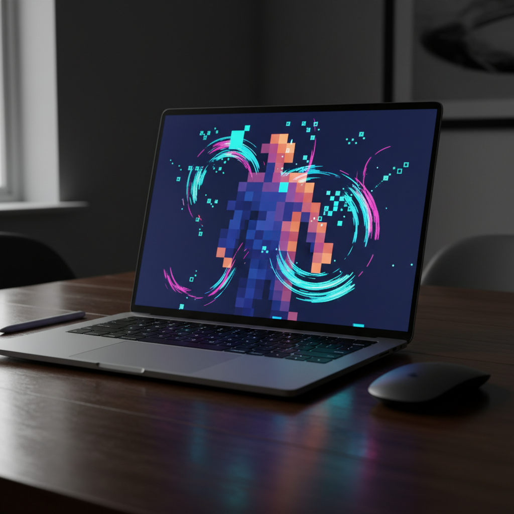 A laptop screen displaying a blurry, pixelated humanoid figure being edited by digital AI brushes on a dark wooden table. Modern layout, high contrast. 4:3