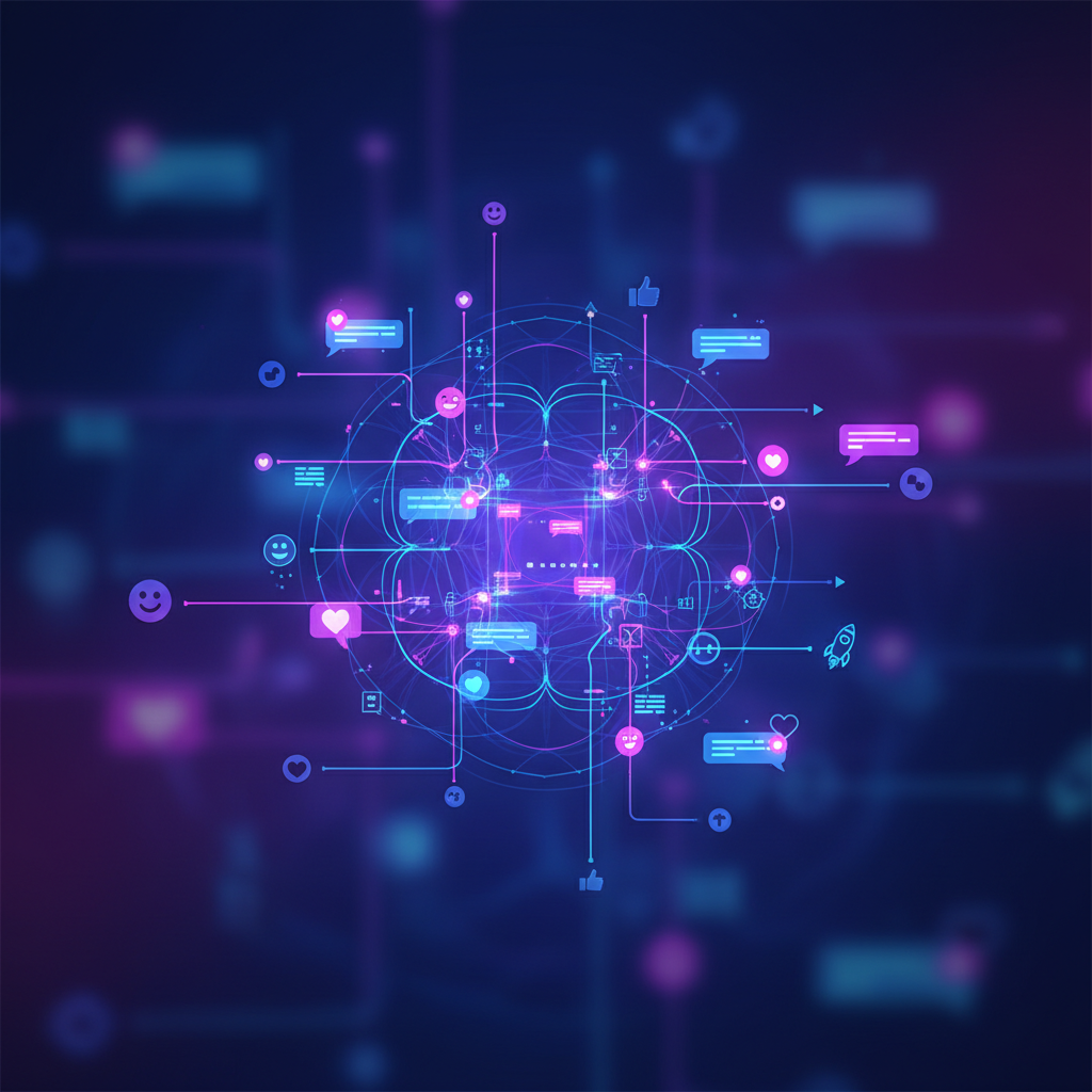 Abstract digital network connecting various messaging icons like chat bubbles and emojis, vibrant blue and purple gradients, high contrast, clean layout, 4:3