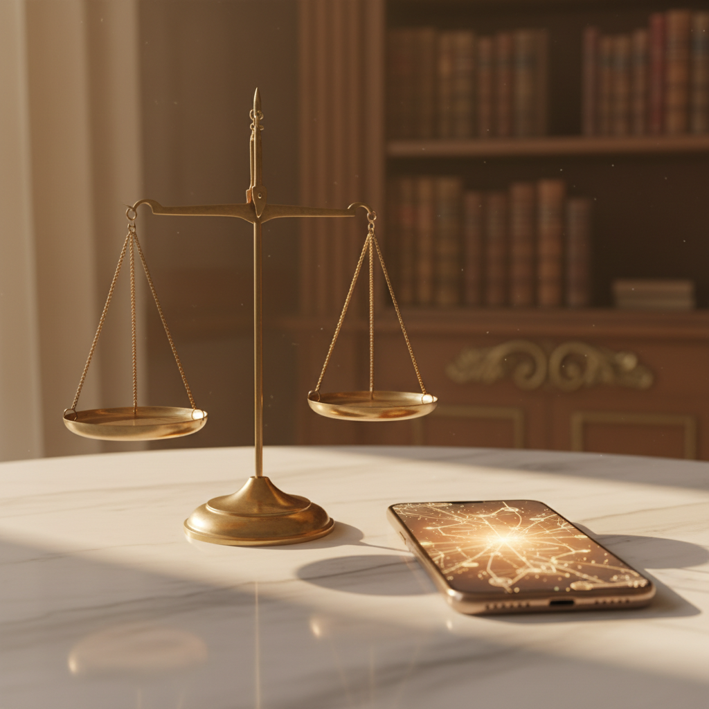 A pair of justice scales placed next to a glowing smartphone on a marble desk. Warm lighting, realistic photography style. 4:3