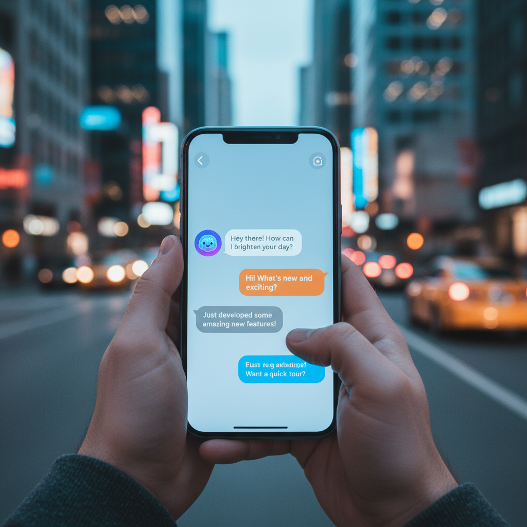 A person in a modern city using a smartphone, focus on the device screen showing a friendly chat interaction with an AI assistant, realistic style, 4:3
