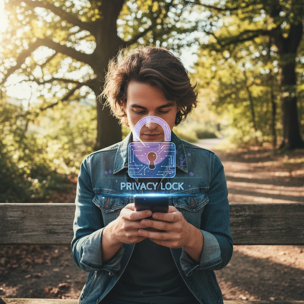 A person looking at a smartphone with a holographic privacy lock icon floating above it. Natural setting, lifestyle photography. 1:1