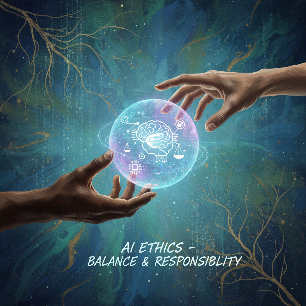 Two diverse hands reaching towards a glowing digital sphere representing AI ethics. Textured background, artistic rendering. 4:3