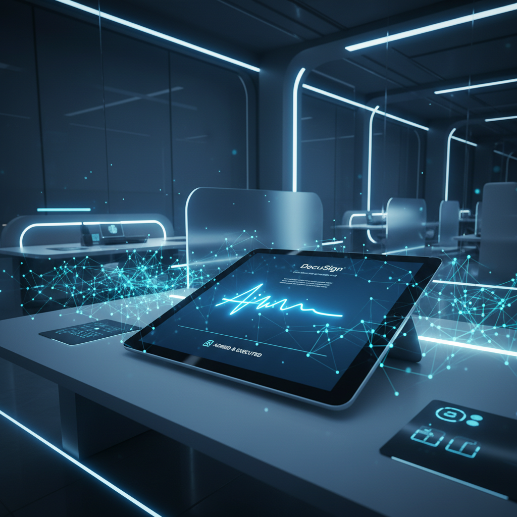 A sleek digital tablet displaying a glowing electronic signature on a contract, surrounded by abstract blue AI neural network patterns, high-tech office background, modern layout, high contrast, 16:9 aspect ratio, Docusign concept. 4:3