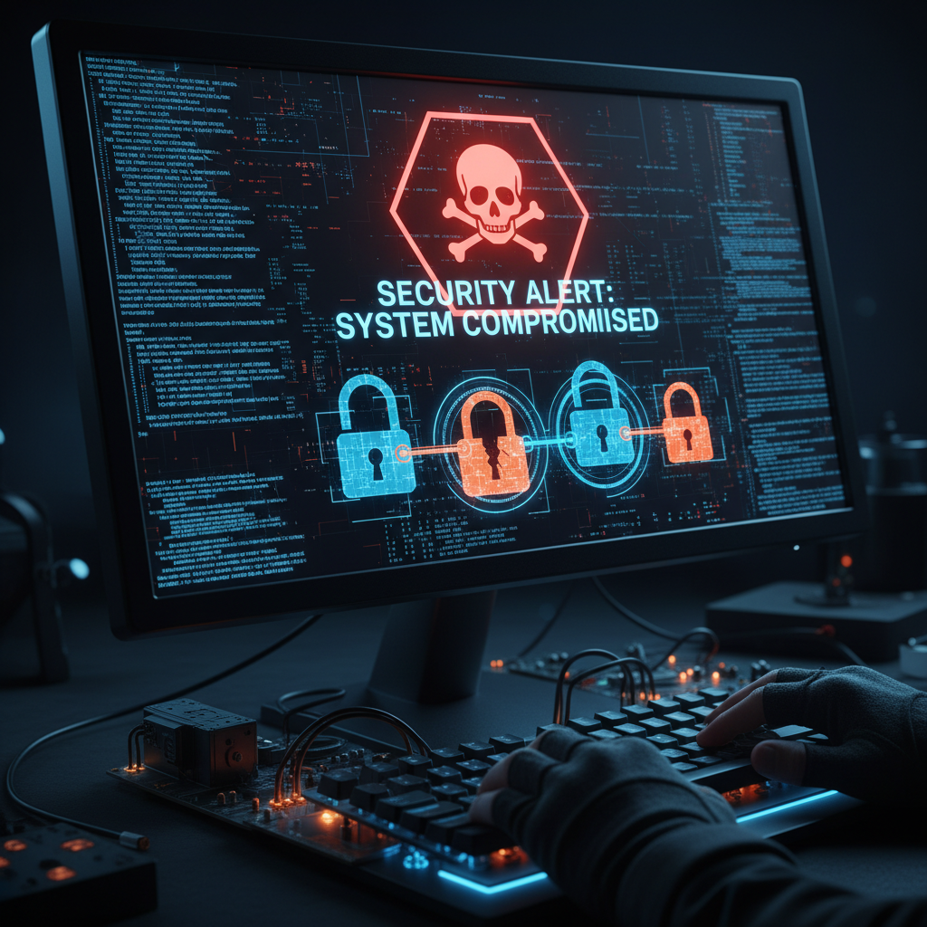 Close-up of a high-tech computer screen displaying a red security warning sign and digital locks. Cyber security theme with neon blue and orange lighting. 4:3