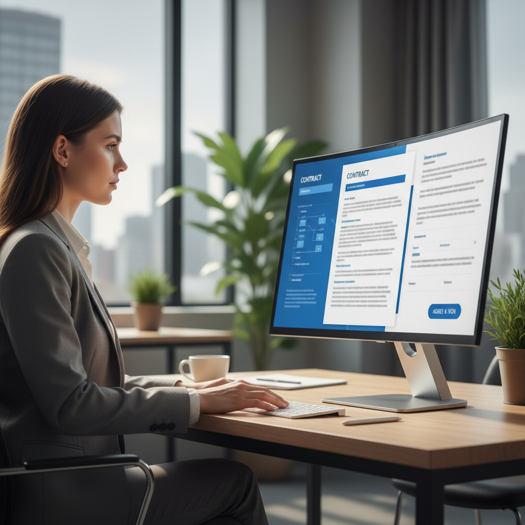 A professional office worker in a modern setting reviewing a digital contract on a large monitor, natural soft lighting, focus on the screen showing document structure, lifestyle photography, 4:3