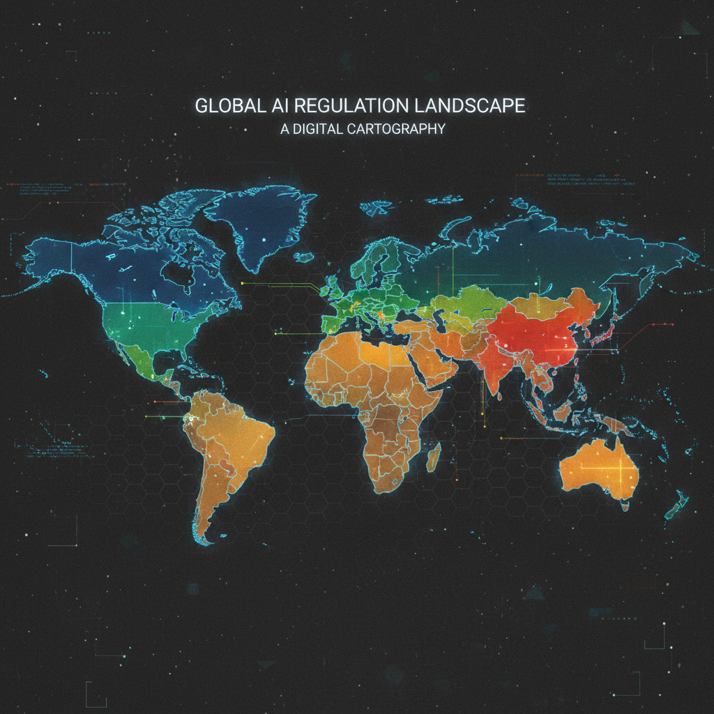 A stylized digital world map showing various regions glowing with different colors representing global AI regulations. High contrast with a dark textured background. 4:3
