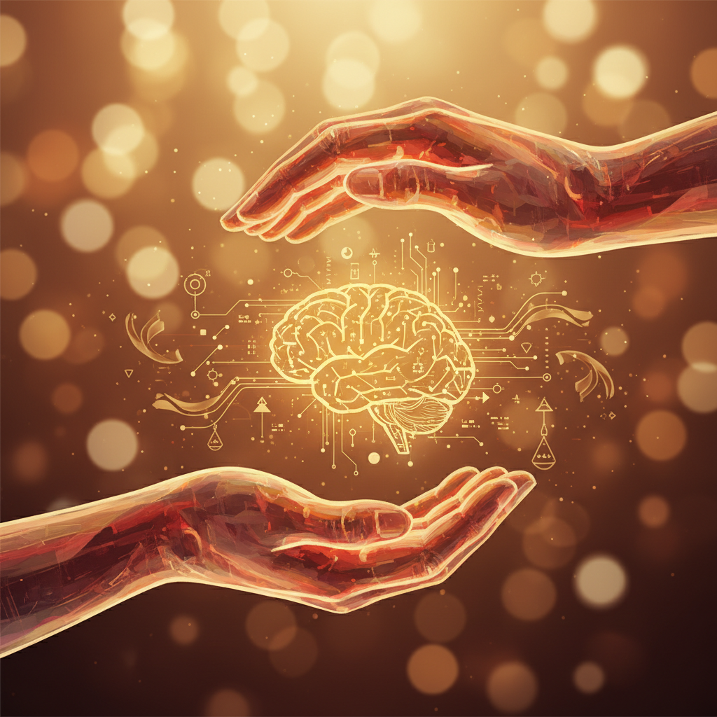 An artistic rendering of glowing human hands cradling a golden digital brain structure. Warm lighting with a soft bokeh background suggesting balance and ethics. 4:3