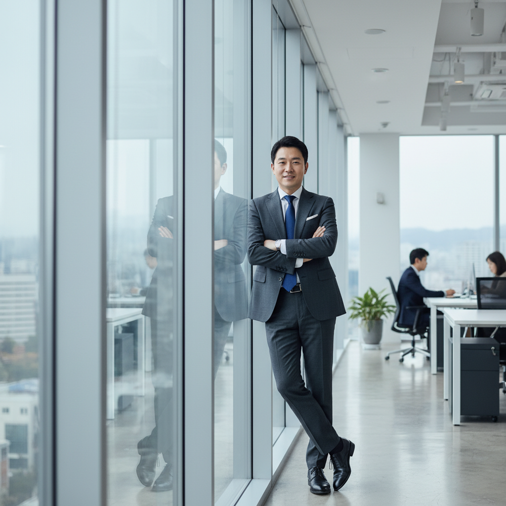 A Korean male executive in a bright modern office leaning against a glass wall, confident expression, soft natural light, professional attire, 4:3