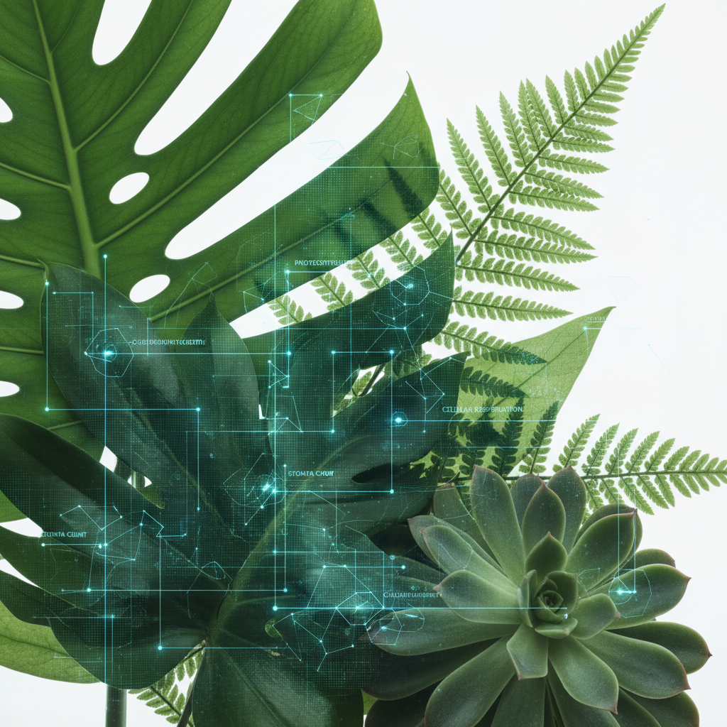 Close-up of various green plant leaves with digital grid overlays and data points, highlighting botanical details, clean studio lighting, 4:3