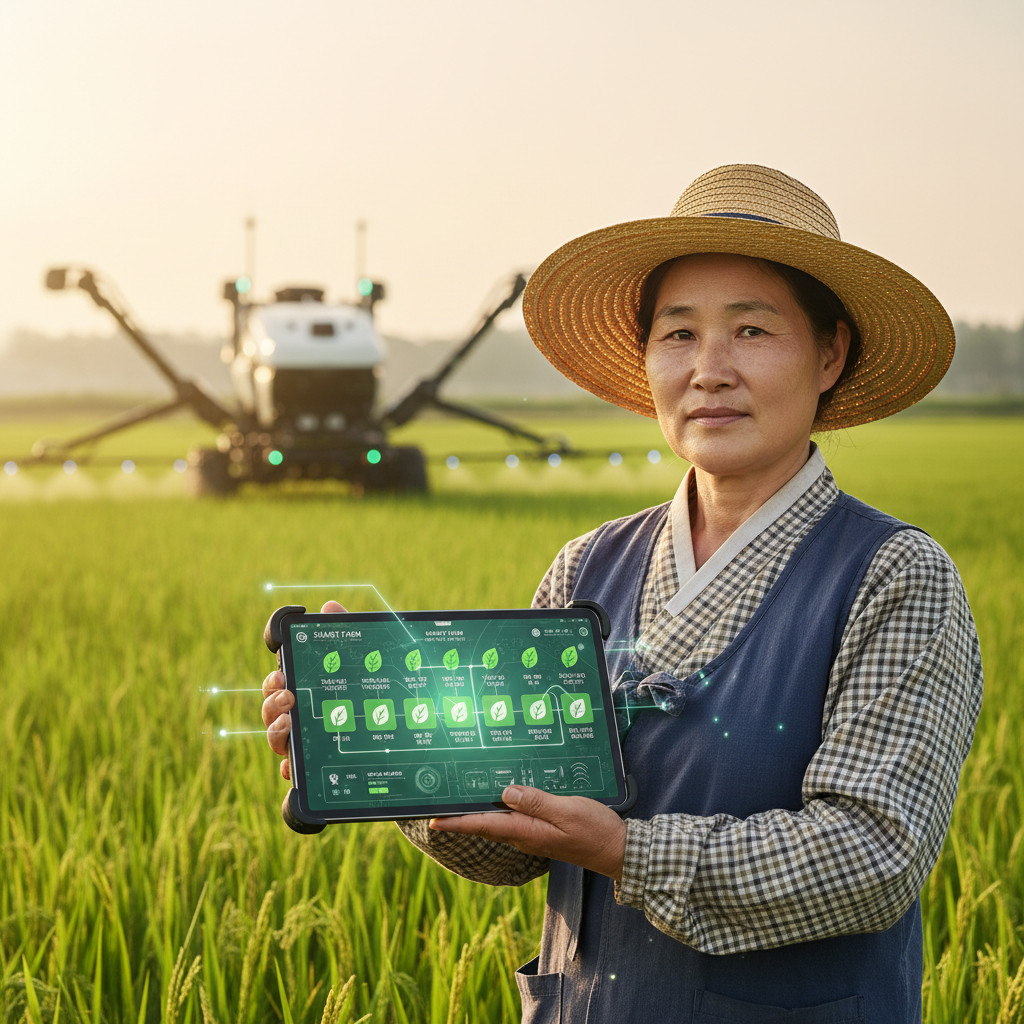 A Korean farmer holding a tablet computer in a field, showing a high-tech app interface with green plant icons, blurred agricultural robot in the background, natural daylight, 4:3