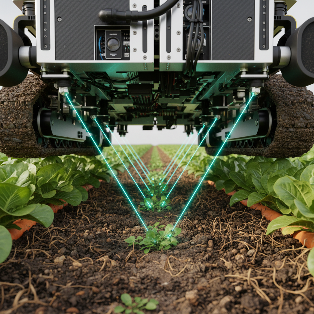 Detailed view of a robot's underside emitting precise light beams to eliminate weeds among vegetable crops, high-tech engineering, dirt and soil texture, 4:3