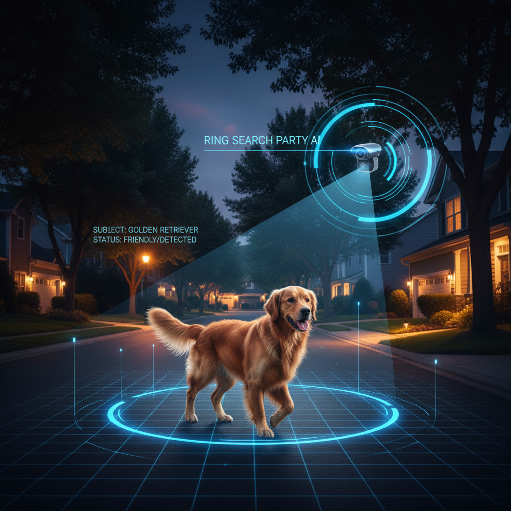 A high-tech neighborhood surveillance concept showing a friendly golden retriever in a suburban street with digital scanning overlays indicating Ring Search Party AI technology, high contrast, cinematic lighting, 4:3