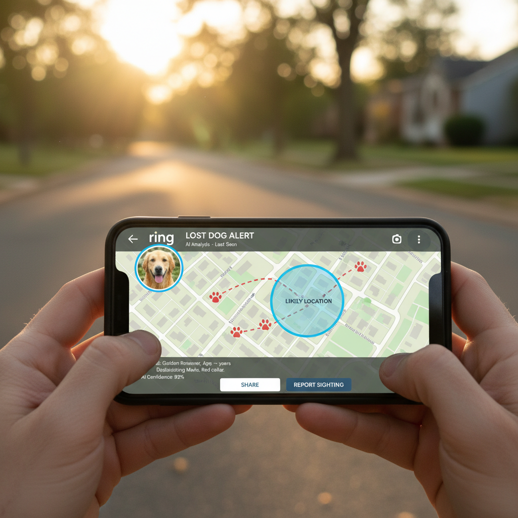 A realistic close-up of a person holding a smartphone showing an AI analysis of a lost dog on a neighborhood map, Ring Search Party interface, warm lighting, natural setting, 4:3