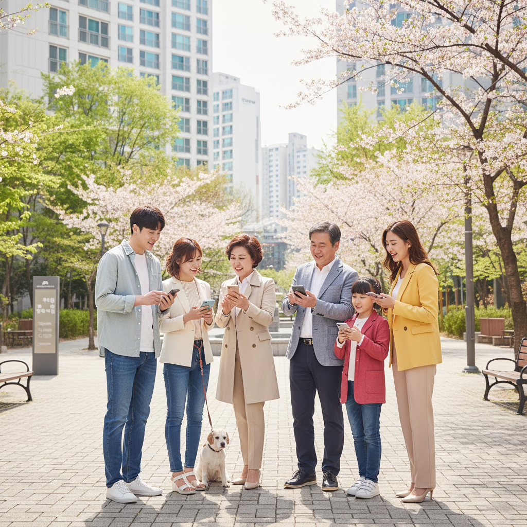 A group of diverse Korean neighbors in a friendly neighborhood setting looking at their phones and talking together near a park, lifestyle photography, bright balanced lighting, 4:3