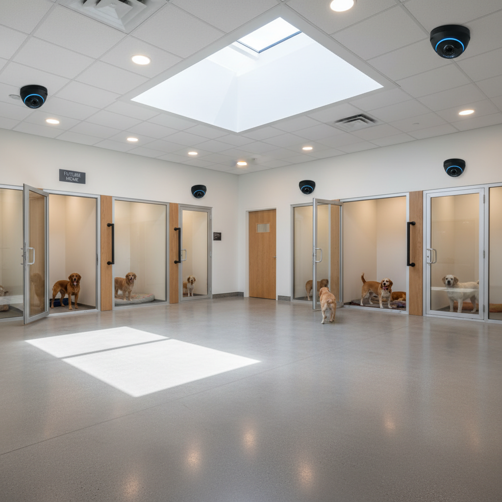 A modern animal shelter environment with clean facilities and Ring smart cameras installed on the walls, cute dogs in the background, professional high contrast layout, 4:3