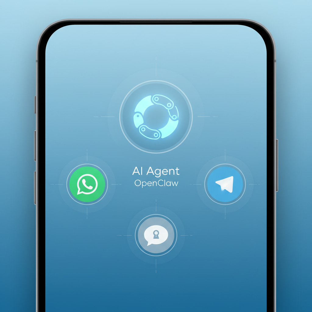 A smartphone screen showing multiple chat icons like WhatsApp, Telegram, and Signal, with a central AI agent logo representing OpenClaw. High-tech and clean design with a soft blue gradient background. No text. 4:3